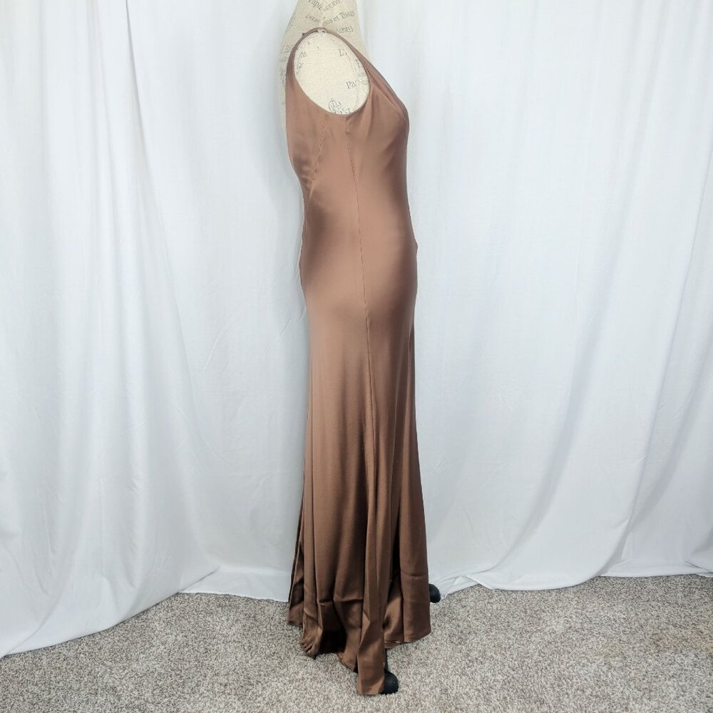 Vintage 90s Carmen Marc Valvo Bronze Formal Gown 4 Small V-Neck - Picture 7 of 10